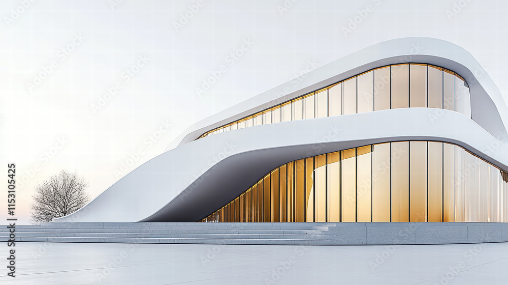 Obraz premium Modern white building with curved walls and stairs, exterior view, architectural rendering, minimalist style