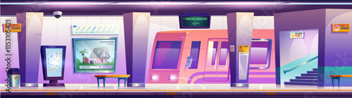 Subway station with platform and train. Vector cartoon illustration of urban public transport for commuters, metro routes map, arrival display on ceiling, waste bins and benches, passenger service