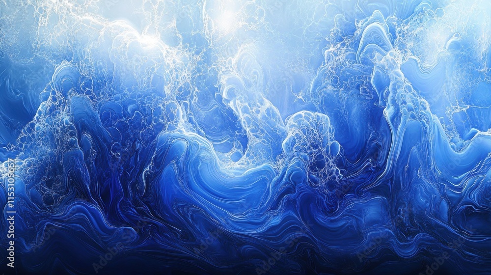 Obraz premium A dramatic view of towering blue waves, with intricate foam patterns and a glowing light filtering through the translucent water.