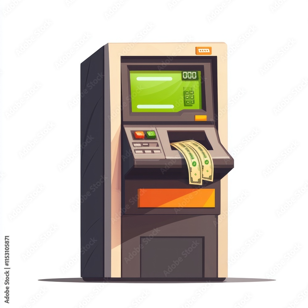 Stylish ATM Machine Dispensing Cash Surrounded by Modern Design Elements, Ideal for Financial Services, Banking, and Digital Transactions Visuals Stylish ATM Machine Dispensing Cash Surrounded by Modern Design Elements, Ideal for Financial Services, Banking, and Digital Transactions Visuals