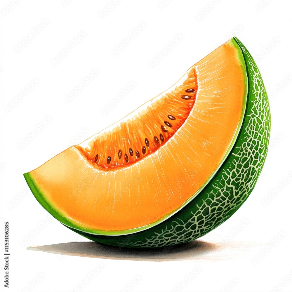 A vibrant slice of cantaloupe, showcasing its juicy orange flesh and textured green rind, ideal for food blogs, dietary promotions, or fresh produce advertisements, Perfect for summer-themed designs, A vibrant slice of cantaloupe, showcasing its juicy orange flesh and textured green rind, ideal for food blogs, dietary promotions, or fresh produce advertisements, Perfect for summer-themed designs,