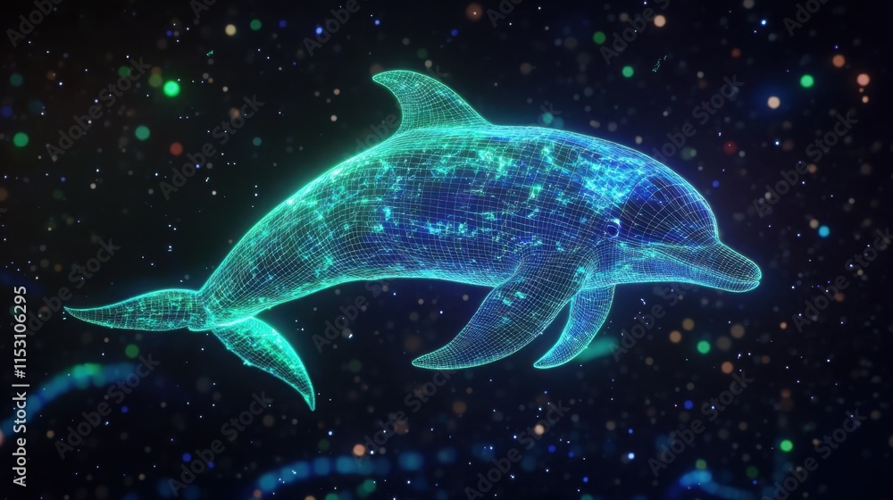Naklejka premium A glowing 3D wireframe dolphin, designed as a sound wave pattern, illuminated with electric blue and green neon lights, floating in a dark space with tiny stars scattered in the background.