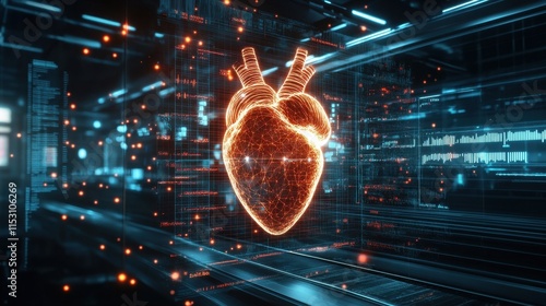 A glowing 3D holographic heart monitored by AI algorithms, with floating data points and graphs in a futuristic medical research center.