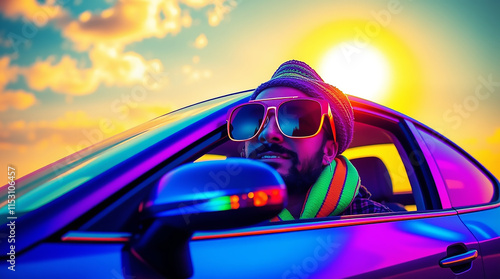 Creative light art in vivid colors, funny car with vacation gear, sunny sky, abstract patterns.

