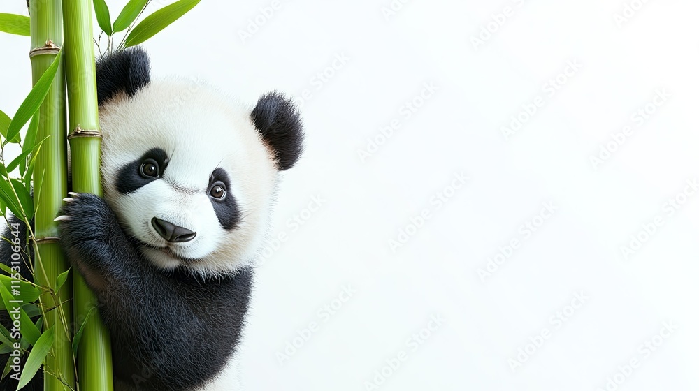 Fototapeta premium A panda peeking out from behind a bamboo stalk, its playful expression highlighted on a white backdrop.