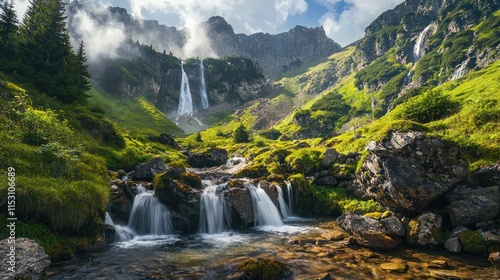 Majestic Mountain Waterfalls Cascading Through Lush Green Valley