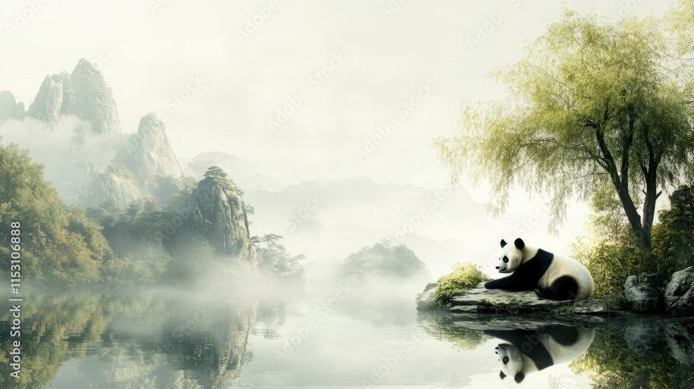 A panda resting by a pond, reflecting serenity and nature, on a clean white backdrop. A panda resting by a pond, reflecting serenity and nature, on a clean white backdrop.