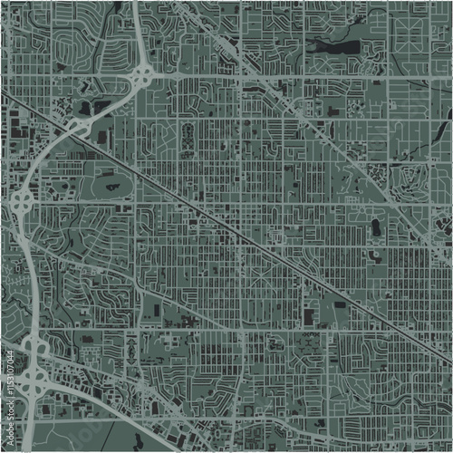 Map of Arlington Heights in Illinois in a smooth dark style. Contains layered vector with roads water, parks, etc.