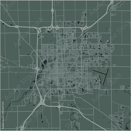 Map of Bloomington in Illinois in a smooth dark style. Contains layered vector with roads water, parks, etc.