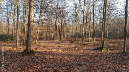 Sunlit Path Through Leaf Covered Winter Woodland