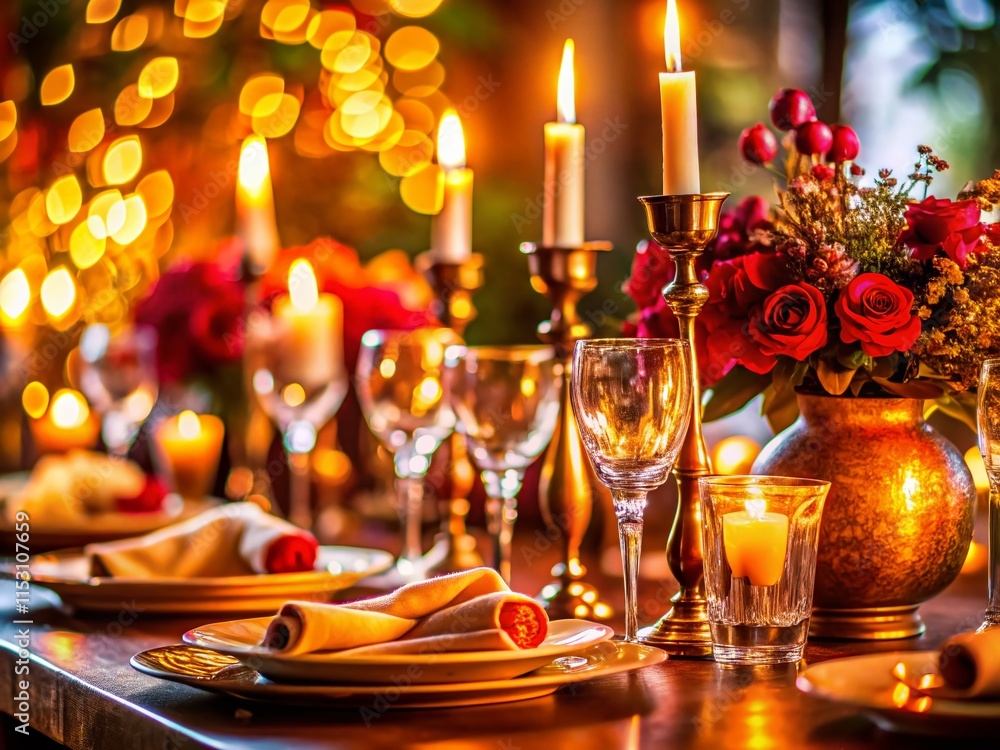 Elegant Dinner Setting: Romantic Table Setting with Empty Space for Text Elegant Dinner Setting: Romantic Table Setting with Empty Space for Text