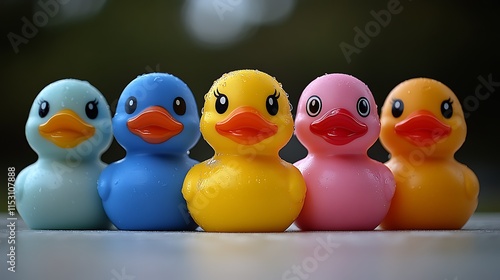 A set of colorful rubber ducks in different bright colors like yellow, pink, blue, and green, arranged symmetrically on a clean white surface. Each duck is displayed in full body view, showcasing  photo