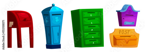 Colorful letterbox and post collection of different designs - red stand mailbox, tall blue receptacle, numbered green apartment slots, purple and yellow wall containers. Mail delivery equipment set.