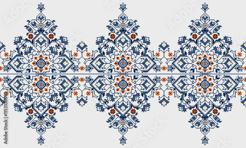 Floral traditional Ukrainian cross-stitch Embroidery pixel Geometric ethnic pattern. Romanian, Vyshyvanka, Slavic ornament style.Detailed Vector for border,neckline embroidery,neckline design,textile