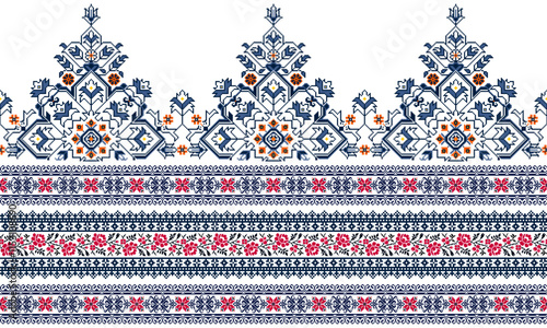 Floral traditional Ukrainian cross-stitch Embroidery pixel Geometric ethnic pattern. Romanian, Vyshyvanka, Slavic ornament style.Detailed Vector for border,neckline embroidery,neckline design,textile.