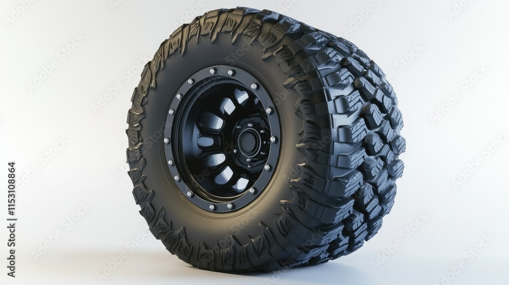 A rugged truck tire with bold tread design, resting on a clean white surface for clarity. A rugged truck tire with bold tread design, resting on a clean white surface for clarity.
