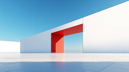 Red and white minimalist architecture with a blue sky background