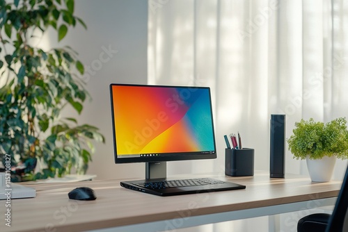 Modern Workspace with Sleek Laptop, Potted Plant, and Minimalistic Decor on Clean Desk photo