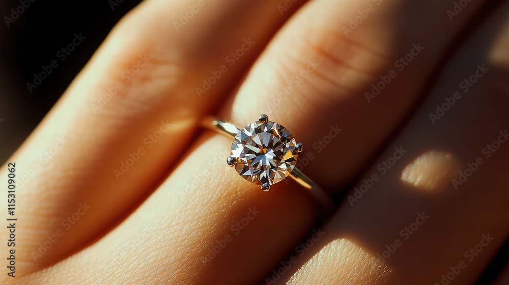 Close-up of the ring on her finger, a white gold solitaire engagement ring with a large round diamond Close-up of the ring on her finger, a white gold solitaire engagement ring with a large round diamond