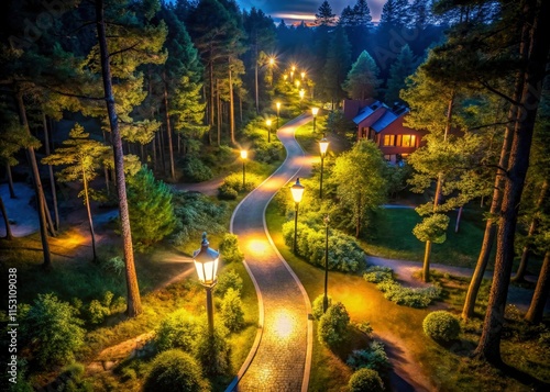 Night descends upon a dark forest; a drone captures an aerial view of lamplit pathway winding towards houses. photo