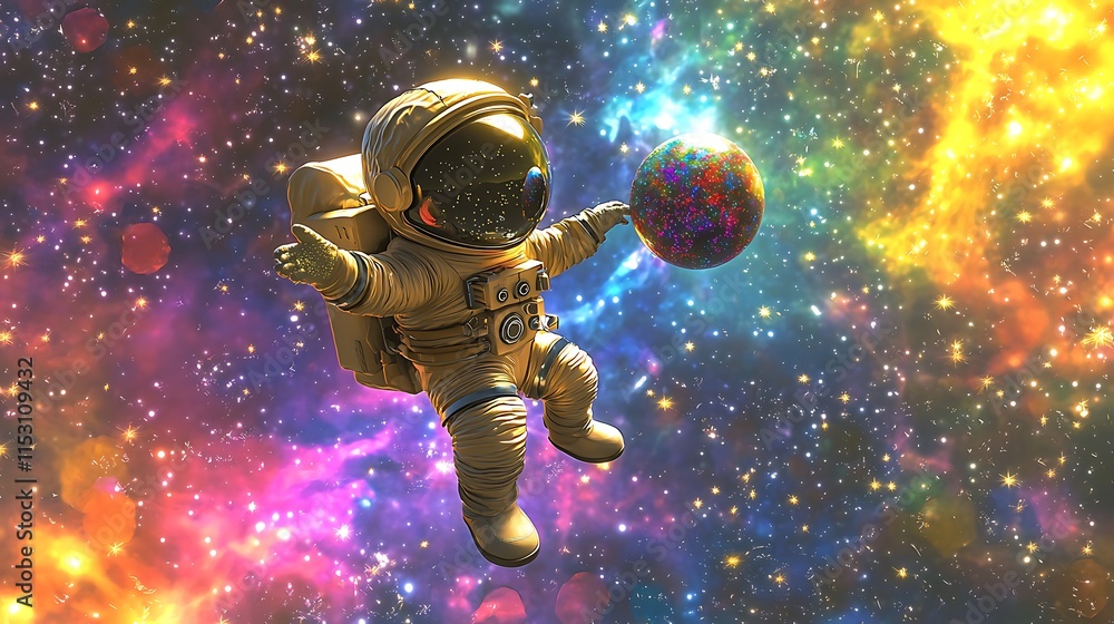 Fototapeta premium Astronaut floats in space holding colorful planet