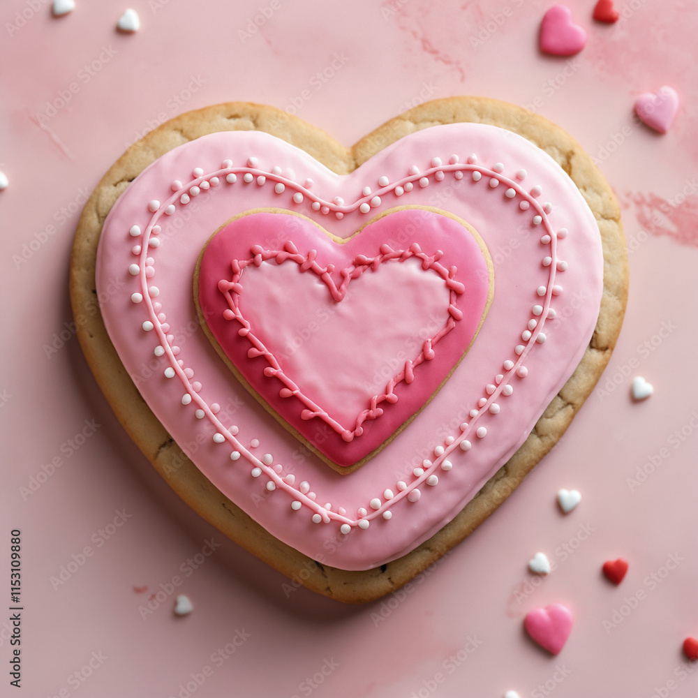 Pink heart-shaped cookie with icing and sprinkles. Pink heart-shaped cookie with icing and sprinkles.