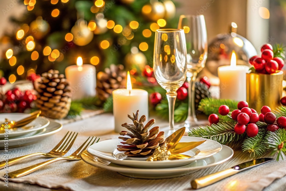 Elegant Holiday Table Setting: Gold Cutlery & Festive Decorations - Stock Photo Elegant Holiday Table Setting: Gold Cutlery & Festive Decorations - Stock Photo