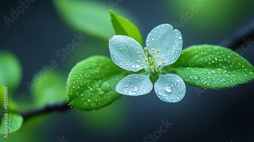 Dew Drops on White Flower and Green Leaves