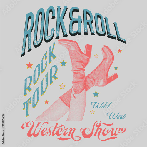 Retro cowgirl boots Rock and roll artwork.western desert cowgirl artwork for t shirt, cowgirl with guns, print design for tee print, poster, sticker, background, Rock star, Rock and roll world tour