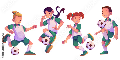 Soccer sport kids in action poses - young players wearing green uniforms demonstrate different ball control techniques, dribbling moves and freestyle tricks. Dynamic cartoon characters on training.