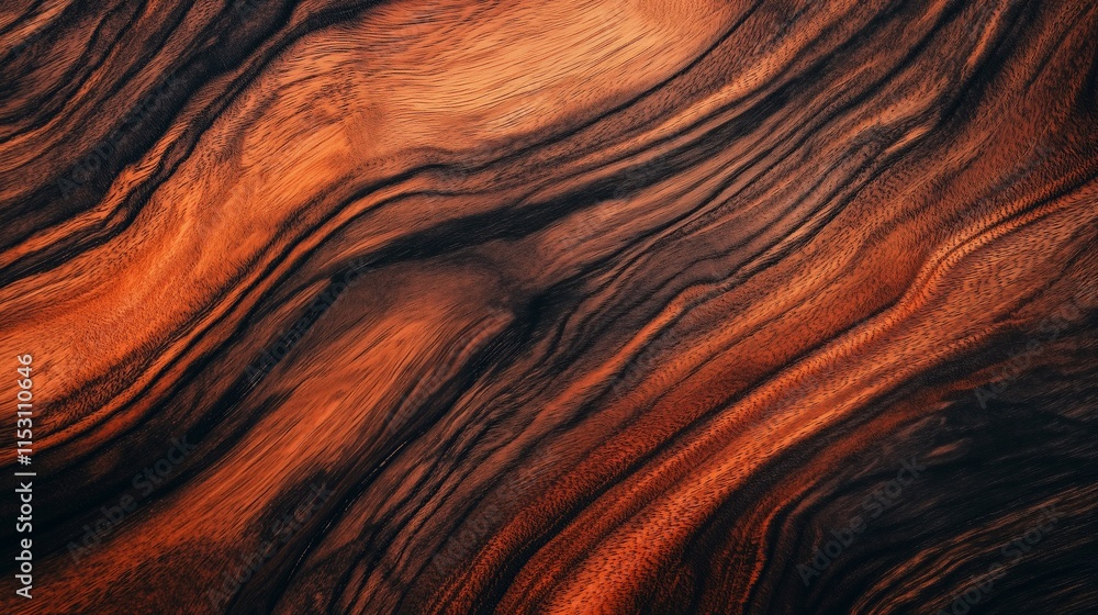 A detailed texture of dark walnut wood with rich orange and black grain patterns, showcasing smooth and natural waves, ideal for backgrounds and design elements A detailed texture of dark walnut wood with rich orange and black grain patterns, showcasing smooth and natural waves, ideal for backgrounds and design elements