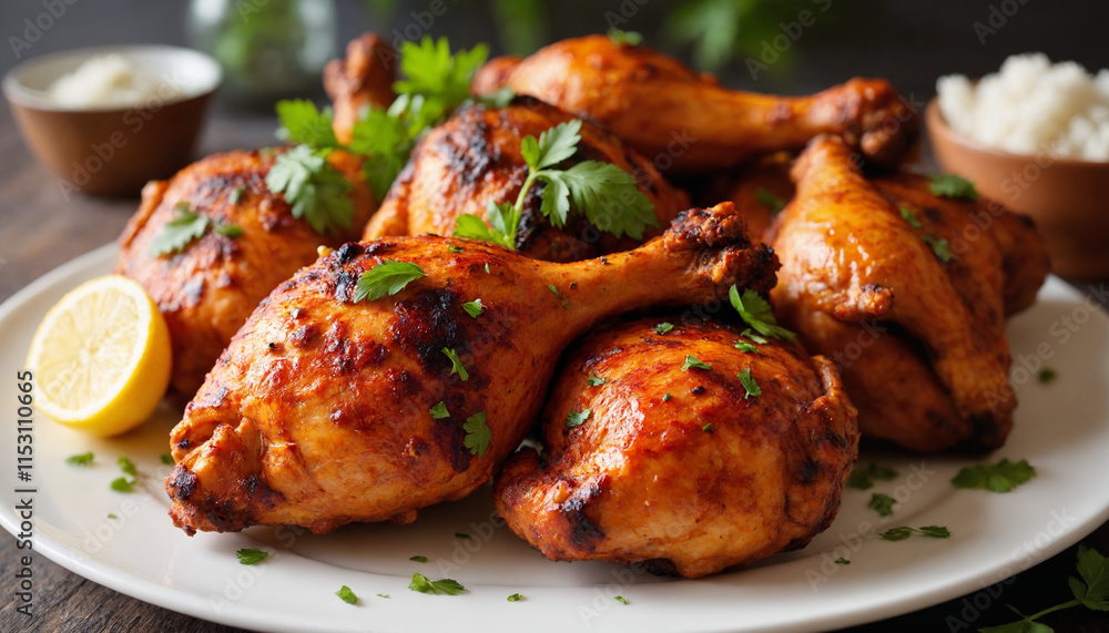 Tandoori chicken in a vibrant style in red and orange colors for a delicious meal Tandoori chicken in a vibrant style in red and orange colors for a delicious meal