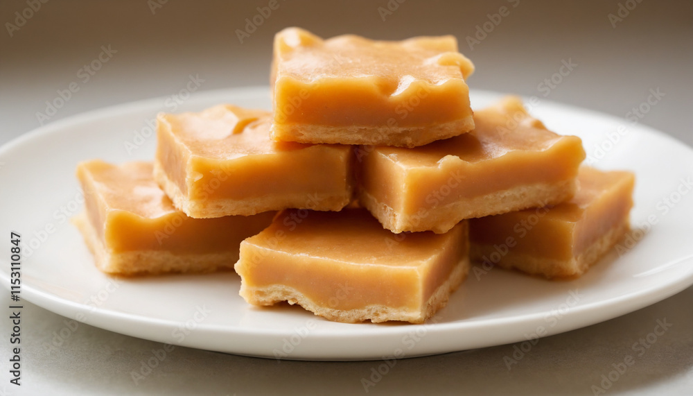 Toffee squares in a close-up shot in warm colors representing a delicious dessert Toffee squares in a close-up shot in warm colors representing a delicious dessert