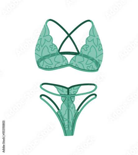 Sexy transparent lingerie. Lace underwear with elegant pattern of butterflies. Female bra, thong panty. Women's undergarments, panties, brassiere. Flat isolated vector illustration on white background
