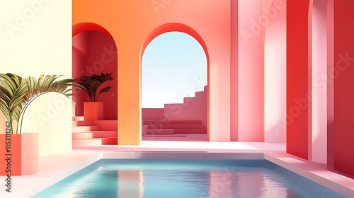 Vibrant 3D Render  Minimalist Poolside Oasis. AI Generated