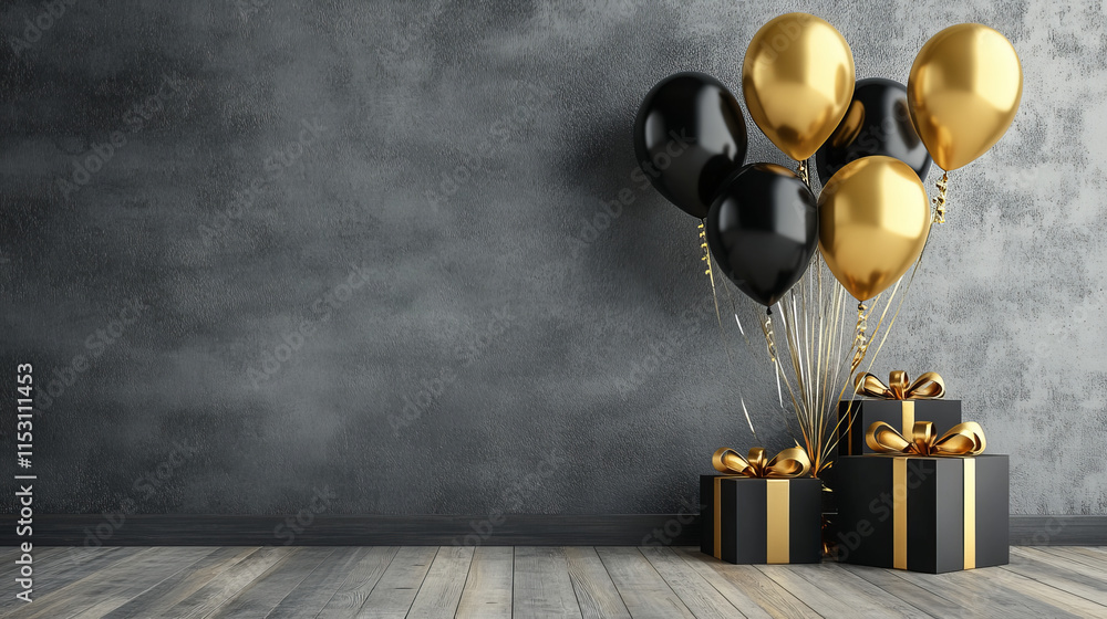 Blank frame, balloons and wrapped gift boxes of gold and black colors on grey wall background. Birthday congratulation, empty border and presents on wooden floor in room, Realistic 3d vector mockup Blank frame, balloons and wrapped gift boxes of gold and black colors on grey wall background. Birthday congratulation, empty border and presents on wooden floor in room, Realistic 3d vector mockup