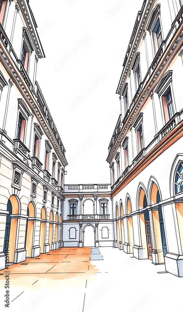 Obraz premium Elegant Hand-Drawn Sketch: City Courtyard Perspective. AI Generated
