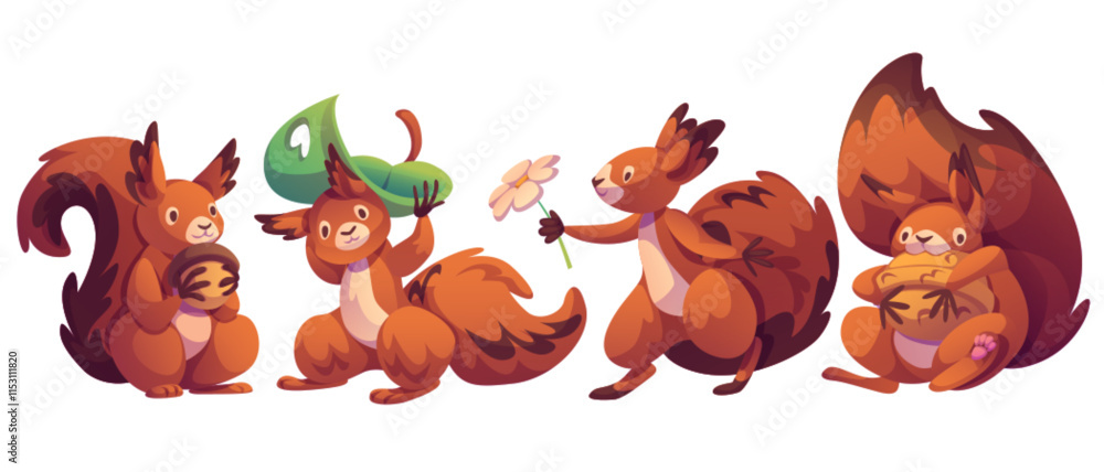 Φωτογραφία Cute squirrel character set in different poses - furry woodland creature holding acorn, hiding under leaf umbrella, presenting flower and hugging nut
