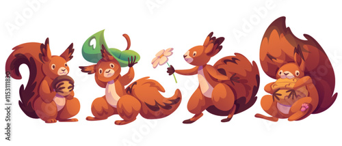 Cute squirrel character set in different poses - furry woodland creature holding acorn, hiding under leaf umbrella, presenting flower and hugging nut. Cartoon forest animal mascot with fluffy tail.