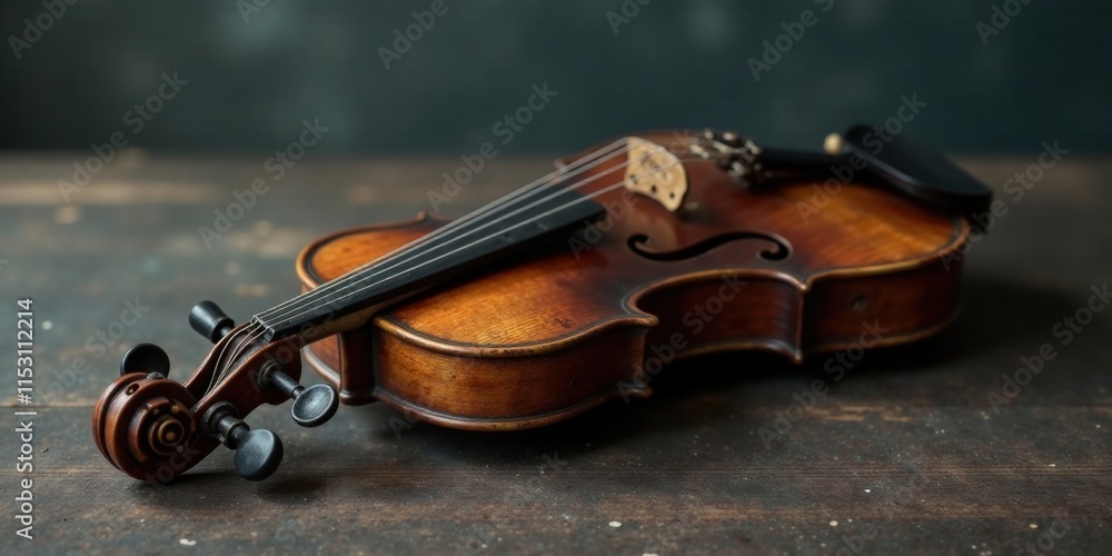 Fototapeta premium A well-loved violin rests on a dark wooden surface, its aged wood gleaming softly under dim light