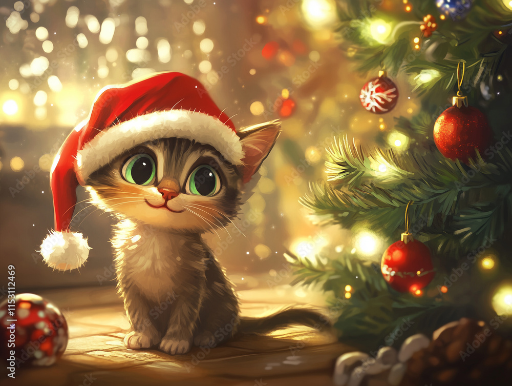 Adorable cat wearing a Santa hat in a magical Christmas setting with glowing lights and ornaments. Adorable cat wearing a Santa hat in a magical Christmas setting with glowing lights and ornaments.
