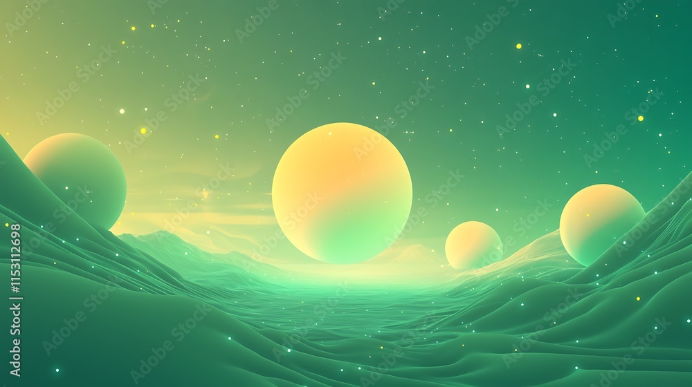 Fototapeta premium Dreamlike Digital Painting: Glowing Planets Rise Over a Serene, Futuristic Landscape. AI Generated