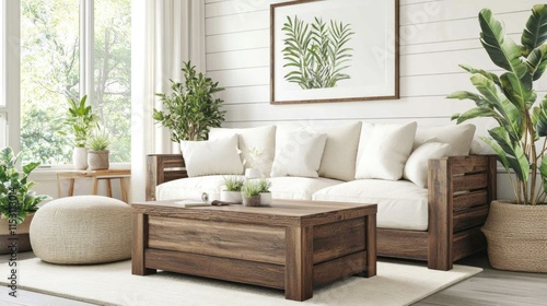 Modern living room with wooden sofa  coffee table  and plants.