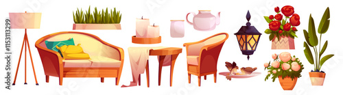 Terrace garden patio furniture set - cushioned sofa, wooden chair, decorative lamp, teapot. Collection with potted plants, blooming roses, wall lantern and birds. for outdoor relaxation space design.