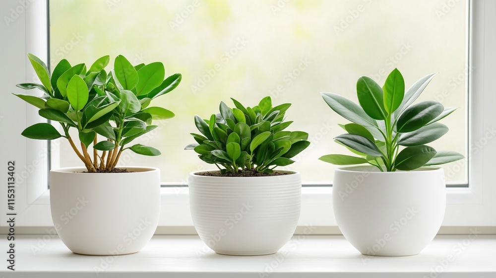 Serene Indoor Desk Setup with Three Elegant Potted Plants Placed by a Bright Window, Enhancing Home Office Decor and Bringing a Touch of Nature Inside the Workspace Serene Indoor Desk Setup with Three Elegant Potted Plants Placed by a Bright Window, Enhancing Home Office Decor and Bringing a Touch of Nature Inside the Workspace