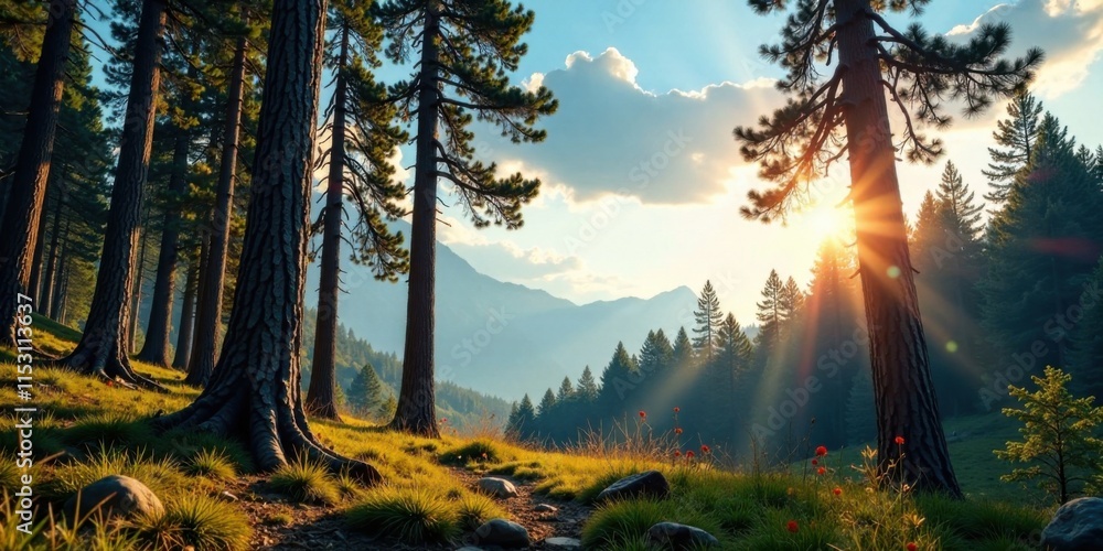 Obraz premium Serene Sunset Illuminates Majestic Mountain Forest Landscape with Sunbeams Filtering Through Tall Pine Trees, Creating a Peaceful and Tranquil Atmosphere