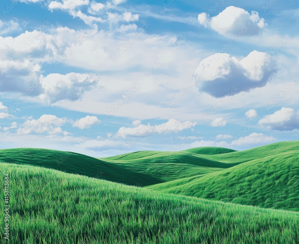 Lush green field under a bright blue sky with fluffy white clouds Lush green field under a bright blue sky with fluffy white clouds