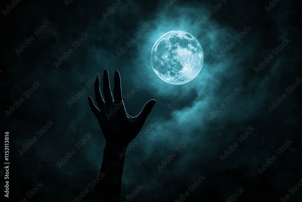 Silhouetted Hand Reaching for a Glowing Full Moon on a Dark, Eerie Background with Mystical Vibes Silhouetted Hand Reaching for a Glowing Full Moon on a Dark, Eerie Background with Mystical Vibes