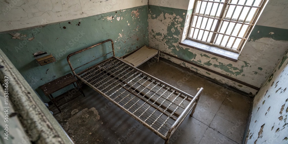 Empty Prison Cell: A stark image of solitary confinement, conveying themes of isolation and justice. Empty Prison Cell: A stark image of solitary confinement, conveying themes of isolation and justice.