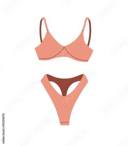 Elegant lingerie with thong panties, brassiere. Lovely model of women's underclothes: bra, panty. Sexy set of female underwear, swimwear. Flat isolated vector illustration on white background